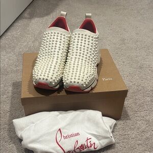 Christian Louboutin White Spike Slip-On Sneakers with Red Lining